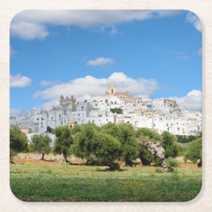 Dessous-de-verre Carré En Papier Ville blanche Ostuni avec les oliviers, dessous de