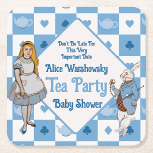 Dessous-de-verre Carré En Papier Vintage Alice dans le baby shower garçon bleu au p