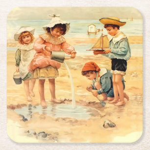 Dessous-de-verre Carré En Papier Vintage Antique Beach Boy Girl Enfants Art