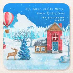 DESSOUS-DE-VERRE CARRÉ EN PAPIER VINTAGE CHRISTMAS SNOWY TOWN ELK PERSONNALISÉ