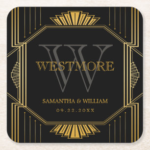 Dessous-de-verre Carré En Papier Vintage Elegant Art Déco Black Gold Mariage