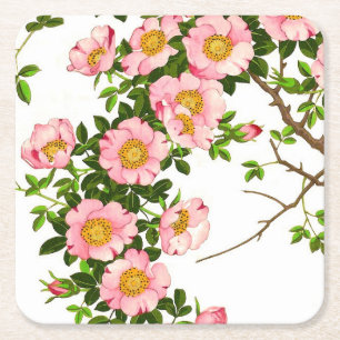 Dessous-de-verre Carré En Papier Vintage fleurs de cerises japonaises, rose et or