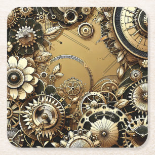 Dessous-de-verre Carré En Papier Vintage Gold Steampunk Metal Engrenages et Fleurs