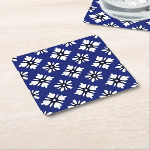 Dessous-de-verre Carré En Papier Vintage Indigo White Katazome Fleurs Oriental