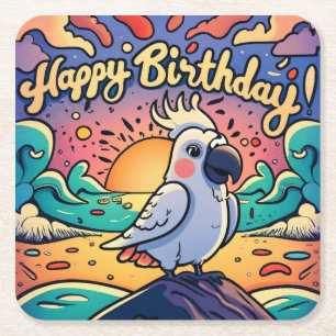 Dessous-de-verre Carré En Papier Vintage Joyeux Anniversaire Perroquet coloré