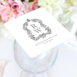 Dessous-de-verre Carré En Papier Vintage Monogram Crest White Charcoal Grey Mariage