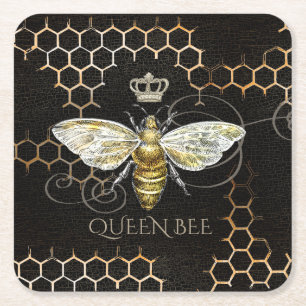 Dessous-de-verre Carré En Papier Vintage Queen Bee Royal Crown Honeycomb Noir