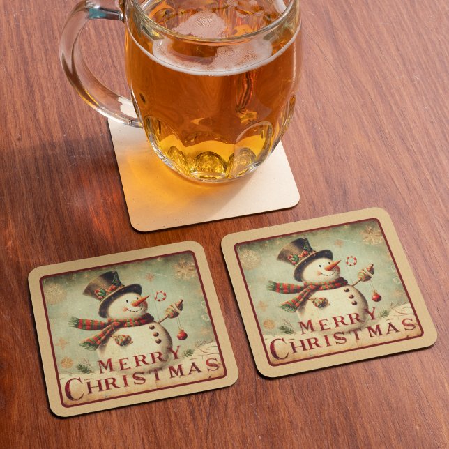 Dessous-de-verre Carré En Papier Vintage Snowman - Joyeux dessous de verre de papie (Vintage Snowman - Merry Christmas paper coaster)