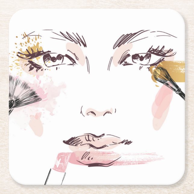 Dessous-de-verre Carré En Papier Visage de maquillage d'aquarelle (Devant)