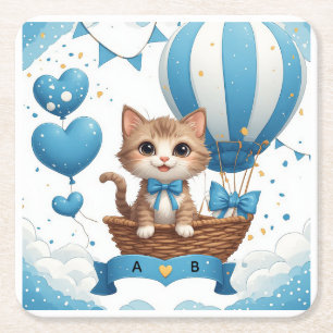 Dessous-de-verre Carré En Papier Vœux de Baby Shower pour un Petit Chat Bleu 🐱