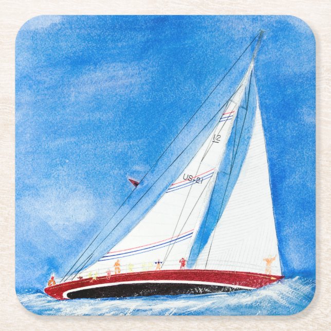 Dessous-de-verre Carré En Papier Voilier En Haute Mer Aquarelle (Devant)