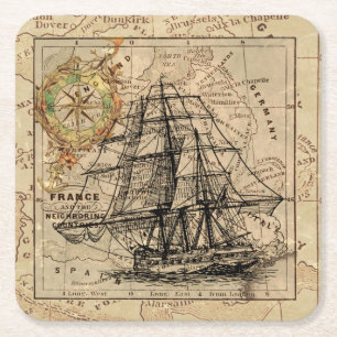 Dessous-de-verre Carré En Papier Voilier vintage et vieille carte européenne