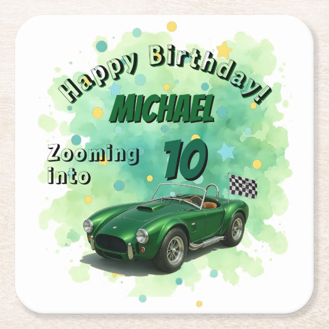 Dessous-de-verre Carré En Papier Voiture de course verte de fête d'anniversaire 10  (Devant)