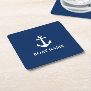 Dessous-de-verre Carré En Papier Votre nom de bateau Ancre nautique Vintage Navy Bl