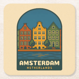 Dessous-de-verre Carré En Papier Voyage Rétro Amsterdam Pays-Bas Paysage Rétro