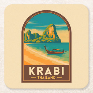 Dessous-de-verre Carré En Papier Voyage Rétro Krabi Thaïlande Plage de Railay