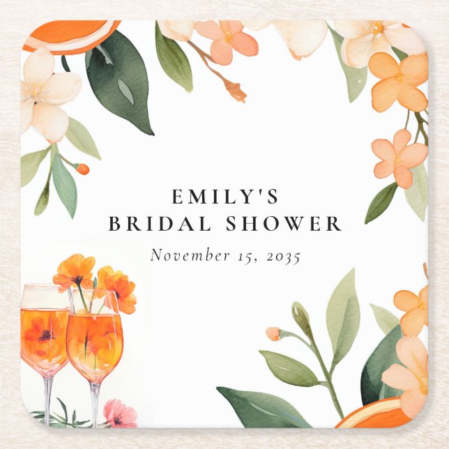 Dessous-de-verre Carré En Papier Watercolor Aperol Spritz Baby Shower de Mariée (Devant)