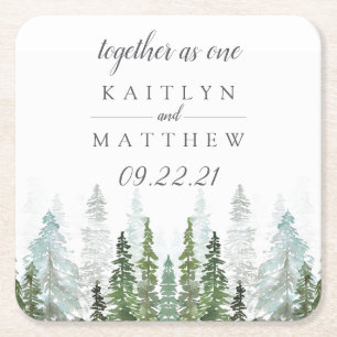 Dessous-de-verre Carré En Papier Watercolor Pine Tree Forest Wedding Enregistrer La