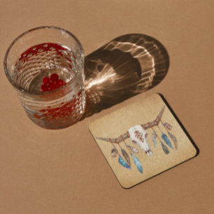 Dessous-de-verre Carré En Papier Watercolor Western skull with Feathers