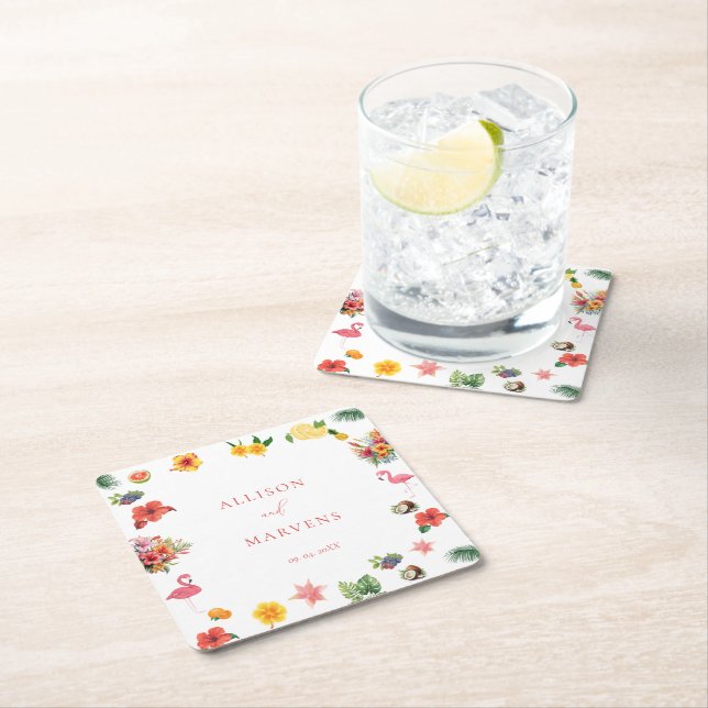 Dessous-de-verre Carré En Papier Whimsical Colorful Fun Tropical Flamingle Mariage (En situation)