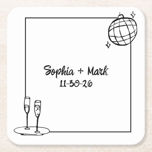 Dessous-de-verre Carré En Papier Whimsical manuscrit Disco Mariage personnalisé (Devant)