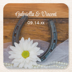 Dessous-de-verre Carré En Papier White Daisy and Horseshoe Country Western Mariage