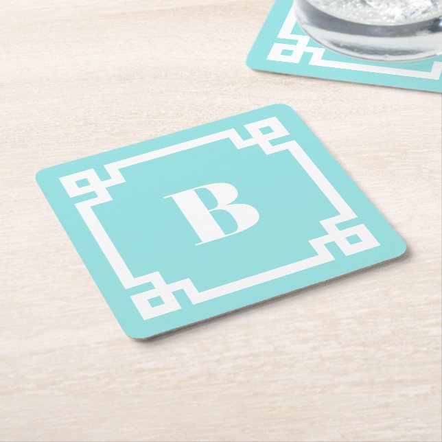 Dessous-de-verre Carré En Papier White Square Greek Key Border Aqua Blue Monogram (Incliné)