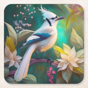 Dessous-de-verre Carré En Papier White Tufé Turquoise Wing Jay Imaginaire Bird