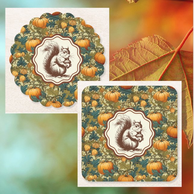 Dessous-de-verre Carré En Papier William Morris Citrouille d'automne avec Squirrel  (Coasters make a nice hostess gift!)