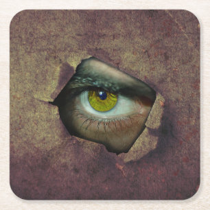 Dessous-de-verre Carré En Papier Yeux déplaisant à travers un trou dans le mur