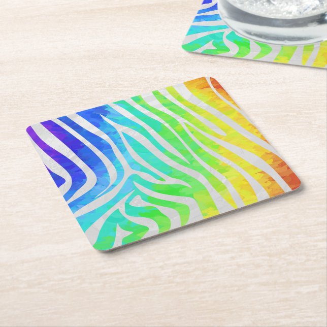Dessous-de-verre Carré En Papier Zebra Rainbow et White Print (Incliné)