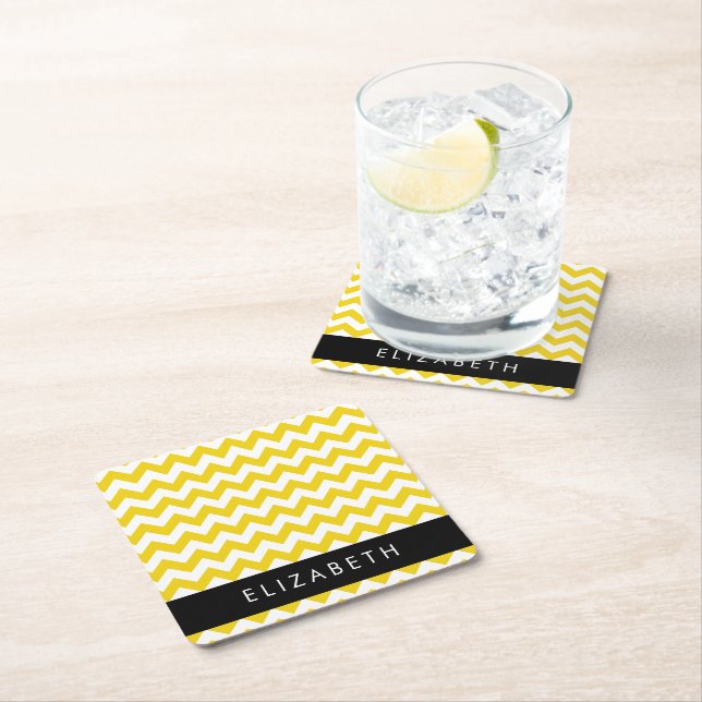 Dessous-de-verre Carré En Papier Zigzag Jaune, Chevron Jaune, Votre Nom (En situation)