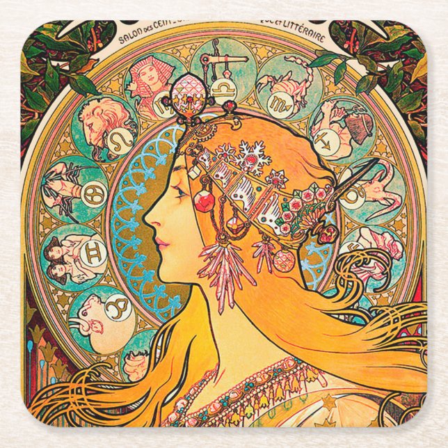Dessous-de-verre Carré En Papier Zodiac, Mucha (Devant)