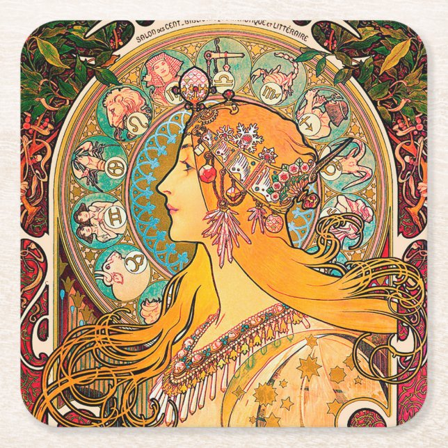 Dessous-de-verre Carré En Papier Zodiac, Mucha (Devant)