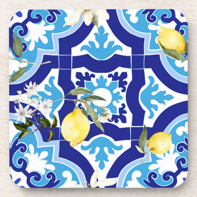 Dessous-de-verre Carrelage méditerranéen, carrelage bleu, citron, (Devant)