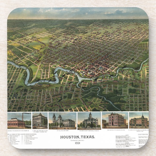 Dessous-de-verre Carte antique de Houston, Texas avec la rivière Bu (Devant)