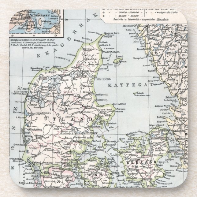 Dessous-de-verre Carte antique du Danemark, Danmark en danois, 1905 (Devant)