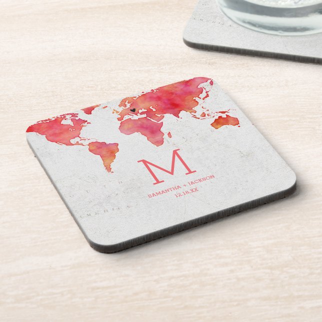 Dessous-de-verre Carte du monde aquarelle Destination Mariage Monog (Côté gauche)