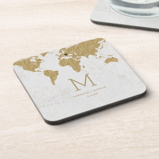 Dessous-de-verre Carte Gold Foil World Destination Mariage Monogram (Côté gauche)