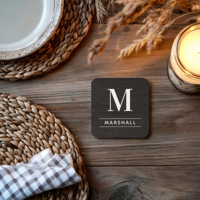 Dessous-de-verre Charbon rustique Brown bois Monogramme personnalis (Créateur téléchargé)