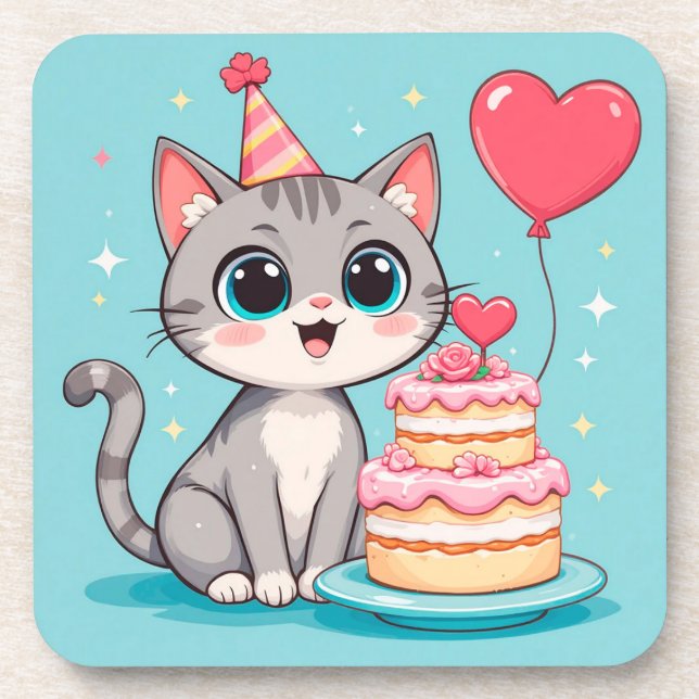 Dessous-de-verre Chat adorable célébrant son anniversaire avec un g (Devant)