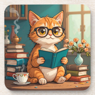Dessous-de-verre Chat adorable portant des lunettes lisant un livre