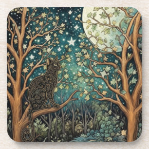 Dessous-de-verre Chat boho ciel nocturne étoilé forêt boisée