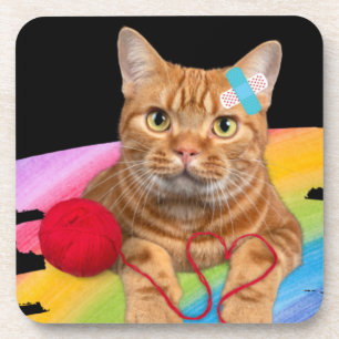 Dessous-de-verre Chat endommagé sur l'arrière - plan arc-en-ciel
