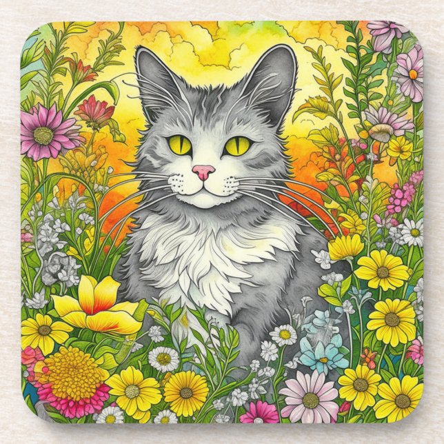 Dessous-de-verre Chat et Fleurs Whimsical (Devant)