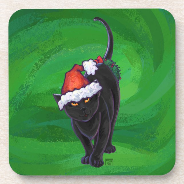 Dessous-de-verre Chat noir de Noël en vert (Devant)