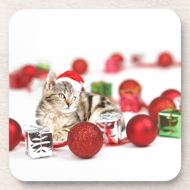Dessous-de-verre Chat portant le chapeau rouge du Père Noël (Devant)