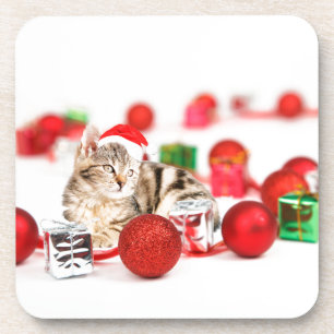 Dessous-de-verre Chat portant un ornement de Noël au chapeau rouge 