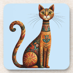 Dessous-de-verre Chat tribal boho mignon art folklorique avec des f