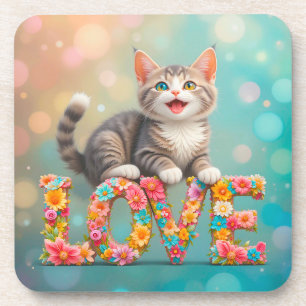 Dessous-de-verre Chaton assis sur des lettres LOVE fleuries colorée